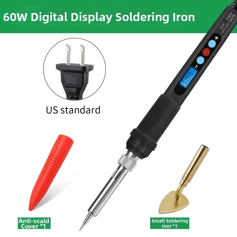 60W Digital Display 501 Soldering Iron 180-500℃ Adjustable Temp ℃/℉ Switch US/EU P-lug Optional Tips Adapters Y-Stand Welding