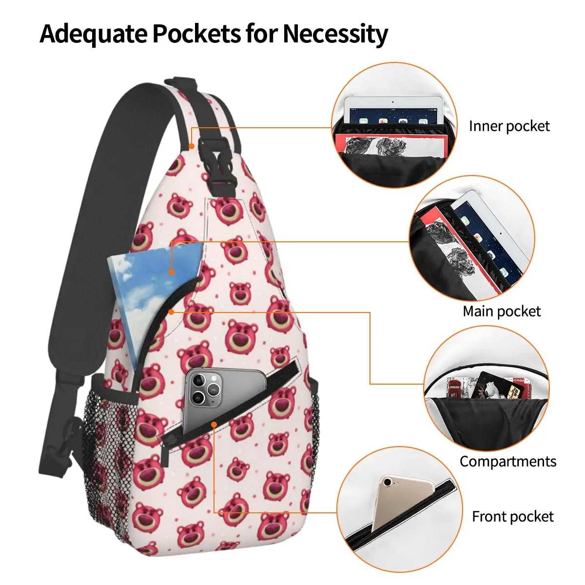 Custom Lotsos Huggin Bear Head Pattern Shoulder Crossbody Chest Backpack Shoulder Chest Bags Sling Bag for Traveling Hiking Bags image 4
