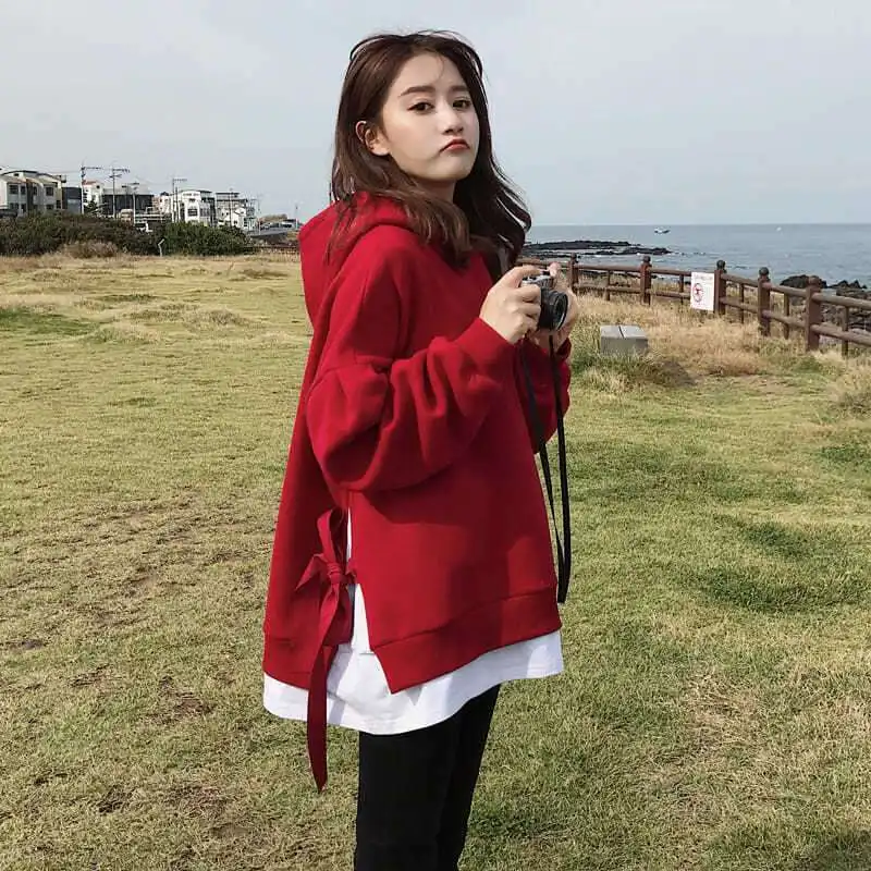 

Красные толстовки с капюшоном для женщин с принтом для тренировок Sudaderas V-образный вырез галстук пары незаменимый цвет с разрезом минимализм сплит хип-хоп сезонный