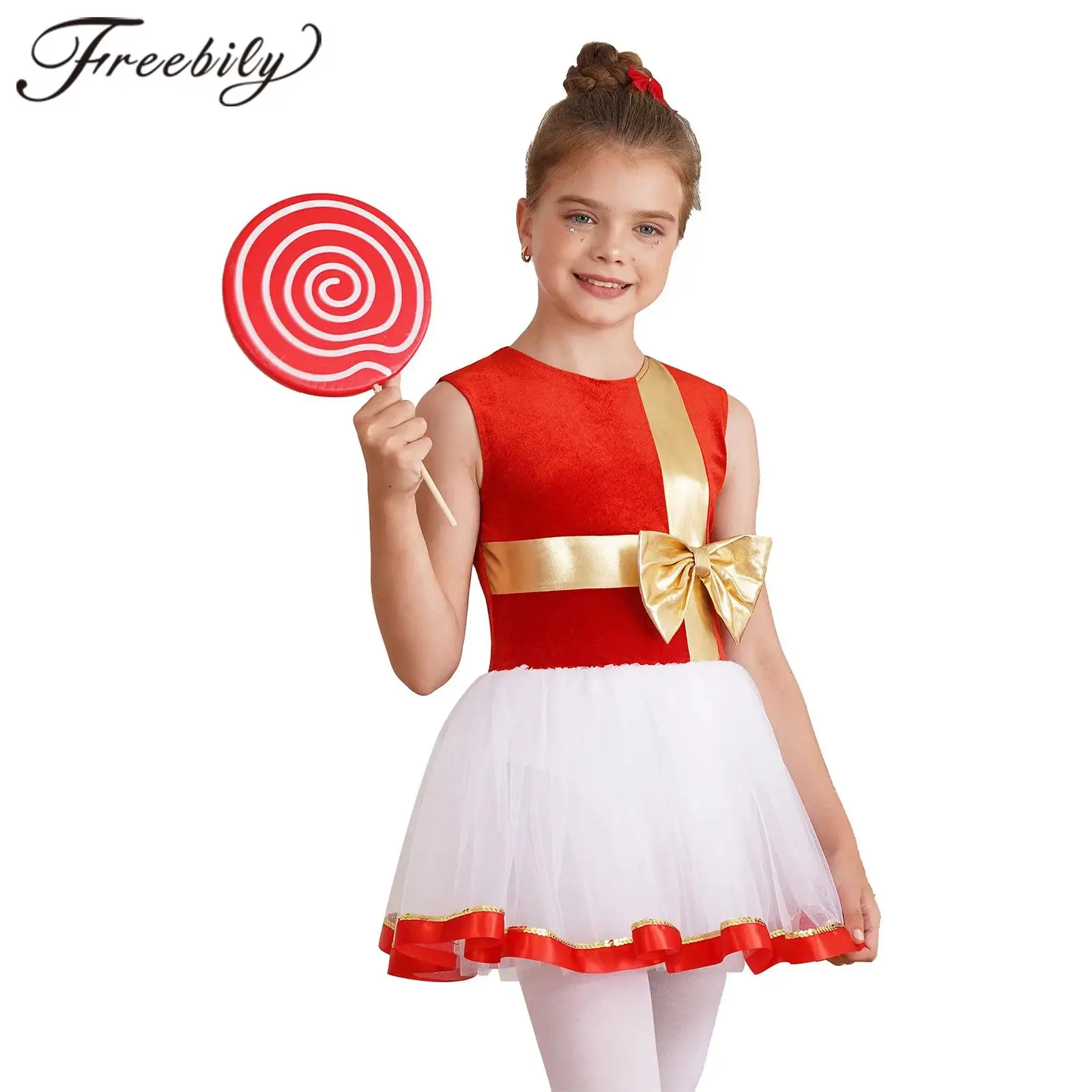 

Kid Christmas Costume Keyhole Back Patchwork Bow Sequin Sleeveless Leotard Dance Dress Girls Party Costume Santa Claus Dancewear