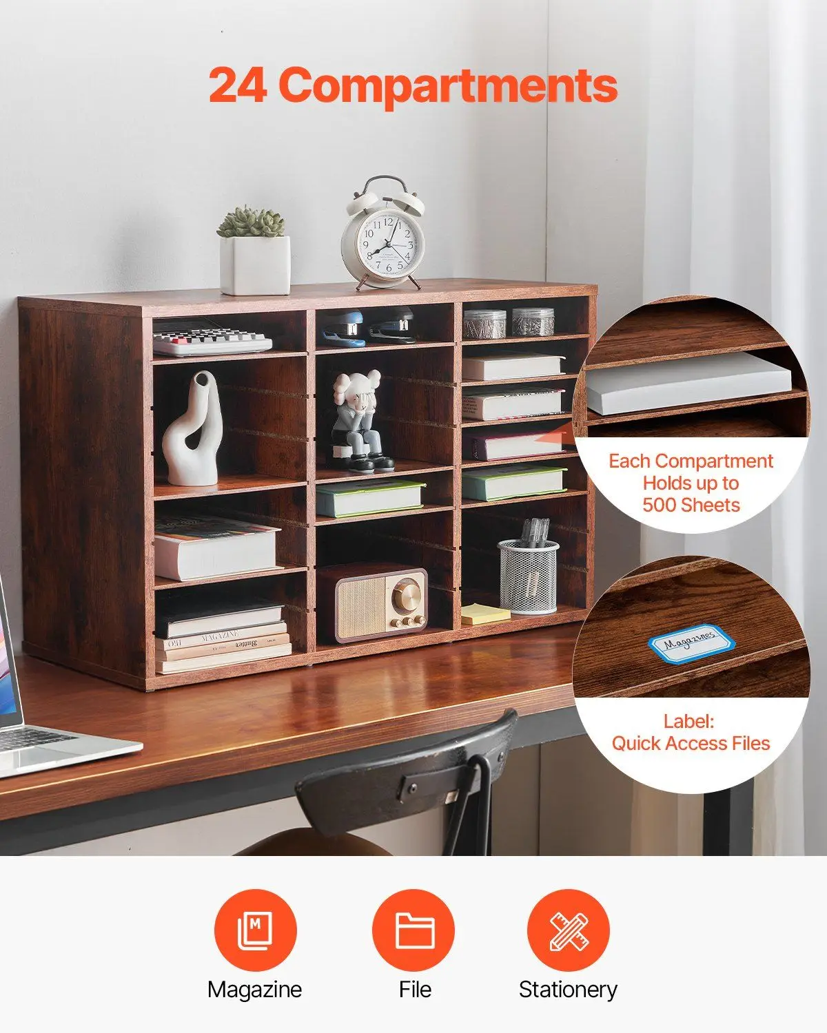 منظم أدب خشبي مكون من 24 حجرة مع أرفف قابلة للإزالة، فارز صندوق بريد المكتب، فارز الملفات الخشبية للمكتب والمنزل