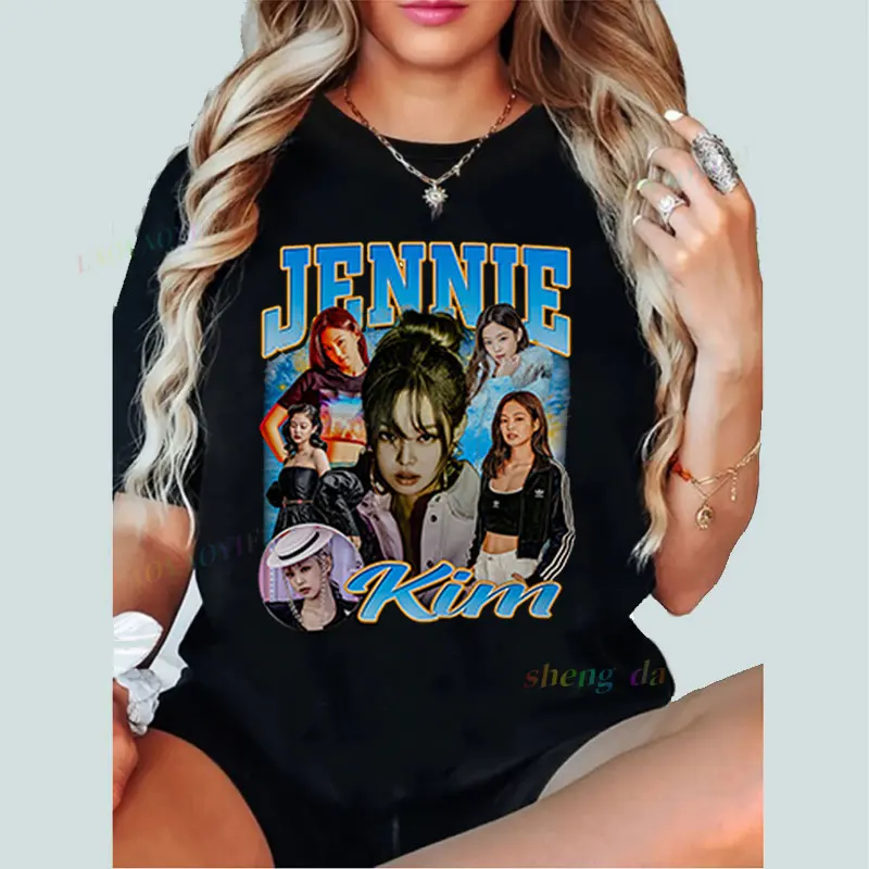 Hip Hop Rapper Playera Jennie Kim T-Shirt Vintage Bootleg 90s Retro 100% Cotton Comfortable Graphic Tee  Fan Gift Cloth