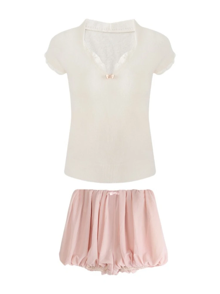 

Шерстяной шелковый винтажный кружевной вязаный топ с V-образным вырезом и коротким рукавом, летний модный женский комплект из двух предметов: топ и шорты с высокой талией