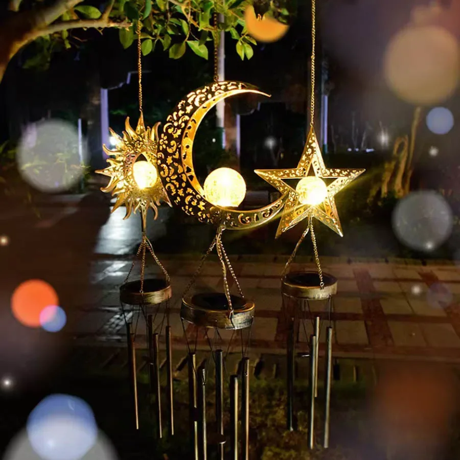 Solar Wind Chimes Aesthetic Room Decor Outdoor Garden Glowing Moon Sun Stars Metal Tubes Wind Bells Home Decor Waterproof