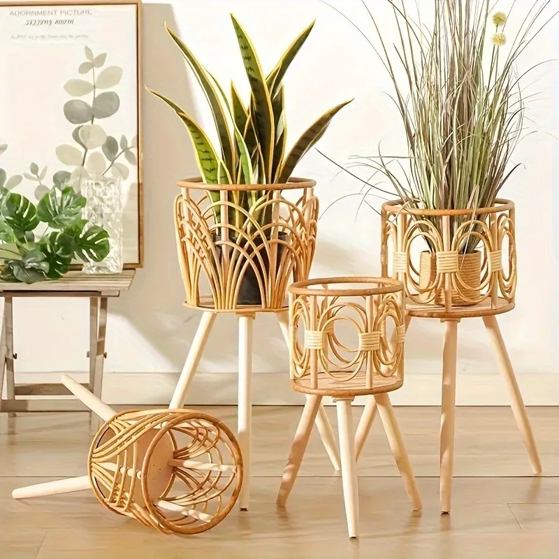 

1pcs Indoor Woven Rattan Flower Stand Living Room Openwork Plant Basket Bamboo Woven Hanging Planter for Balcony Home Decor