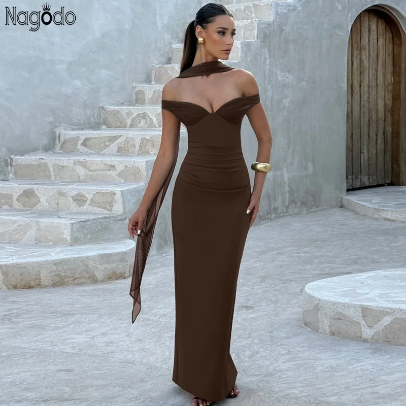 

Nagodo Summer Sleeveless Party Dress Sexy Slim High Waist Brown Long Cocktail Dress Club Evening Backless Women's Long Dresses