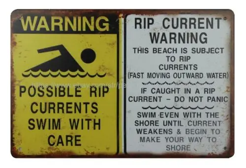 man cave garage Warning Possible Rip Currents Swim With Care metal tin sign