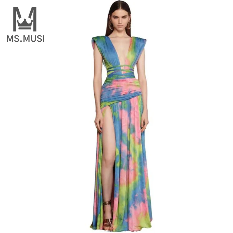 Msmusi 2023ใหม่แฟชั่นผู้หญิงเซ็กซี่ Tie Dye Deep V TANK คอ Draped พับ Slit แขนกุด bodycon เที่ยวกลางคืน Maxi ชุดเดรสชุดราตรียาว