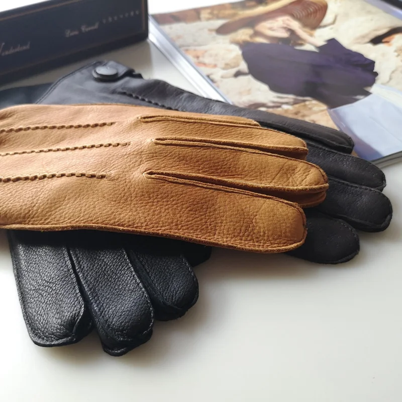 Deerskin Real Leather Gloves Male Spring Autumn Imported Wool Knitted Lined Thermal Driving Car Men Gloves EM012
