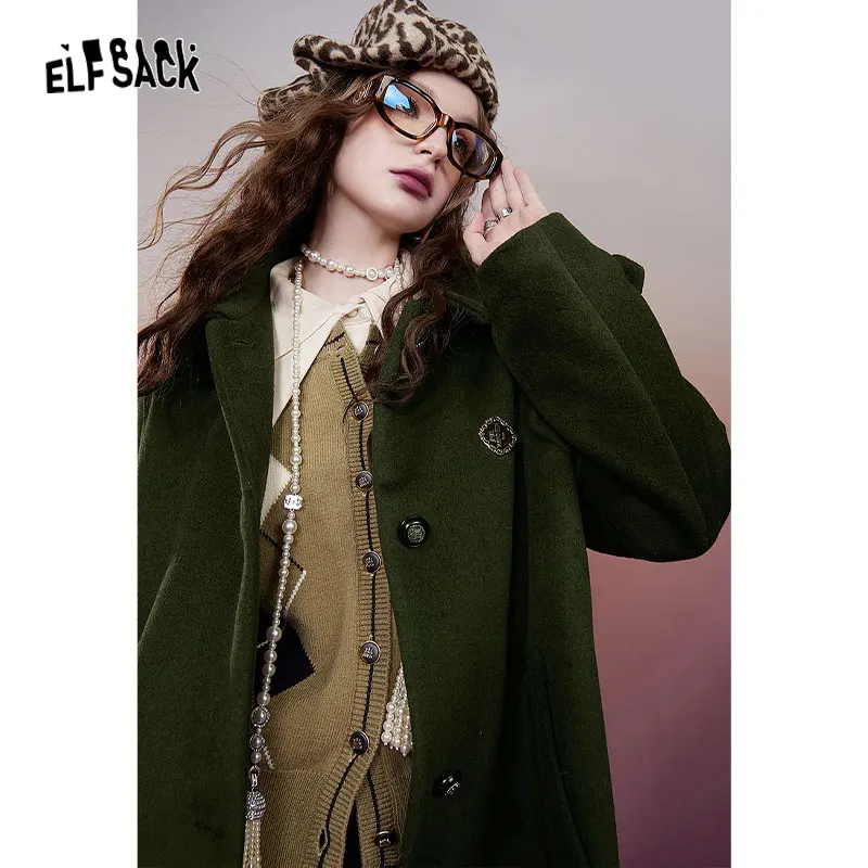 

ELFSACK 2000s Retro Wool Coats Women 2023 Winter New Plus Size Elegant Mid-length Outwears