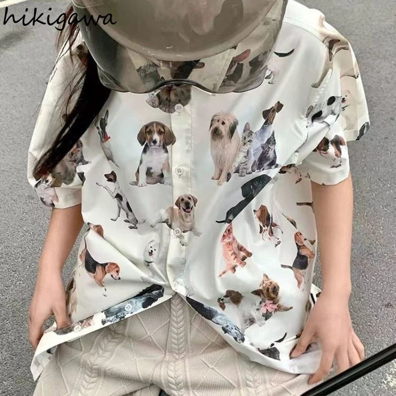 Camisas De Mujer Summer Blouses 2024 Women\'s Clothing Short Sleeve Dog Print Shirts Oversized Tops Casual Streetwear Chic Blouse