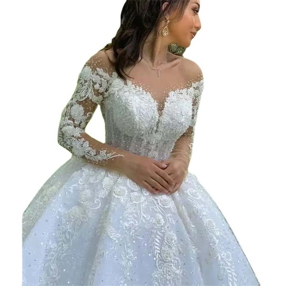 Elegant O-neck Tulle Appliques off Shoulder Ball Gown 2024 Wedding Dresses for woman Court Train Bridal Gowns Vestidos De Noiva