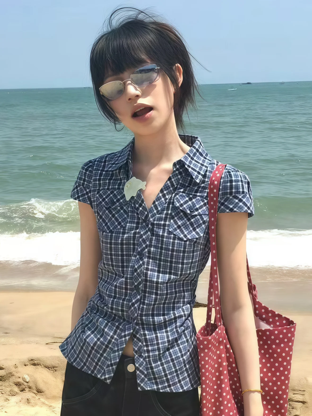 アメリカンレトロチェック柄ort Sve irt レディース Sle 夏新作ウエストシェイプスリムフィットort丈万能トップス