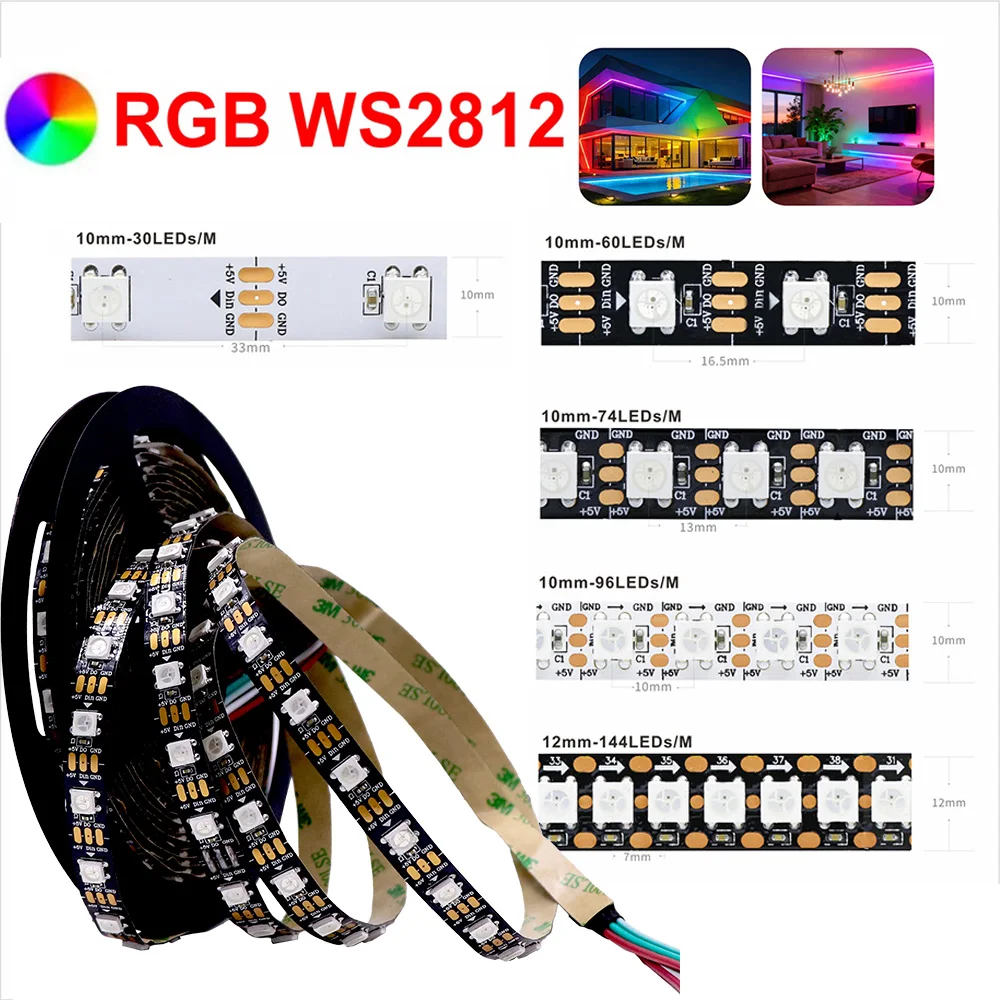 WS2812B DC5V RGB LED Strip Light Individually Addressable Smart Pixel Magic Light Black White PCB IP30 IP65 IP67 for Home Gaming