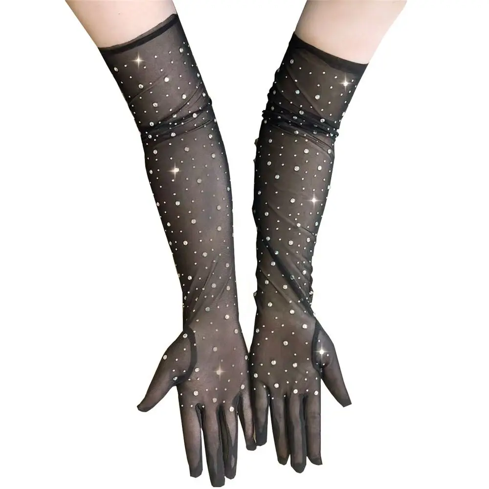 Disco Flash Diamonds Gloves Women Fashion Long Sheer Tulle Gloves Full Finger Mittens Mesh Elbow Halloween Wedding Bride Gloves