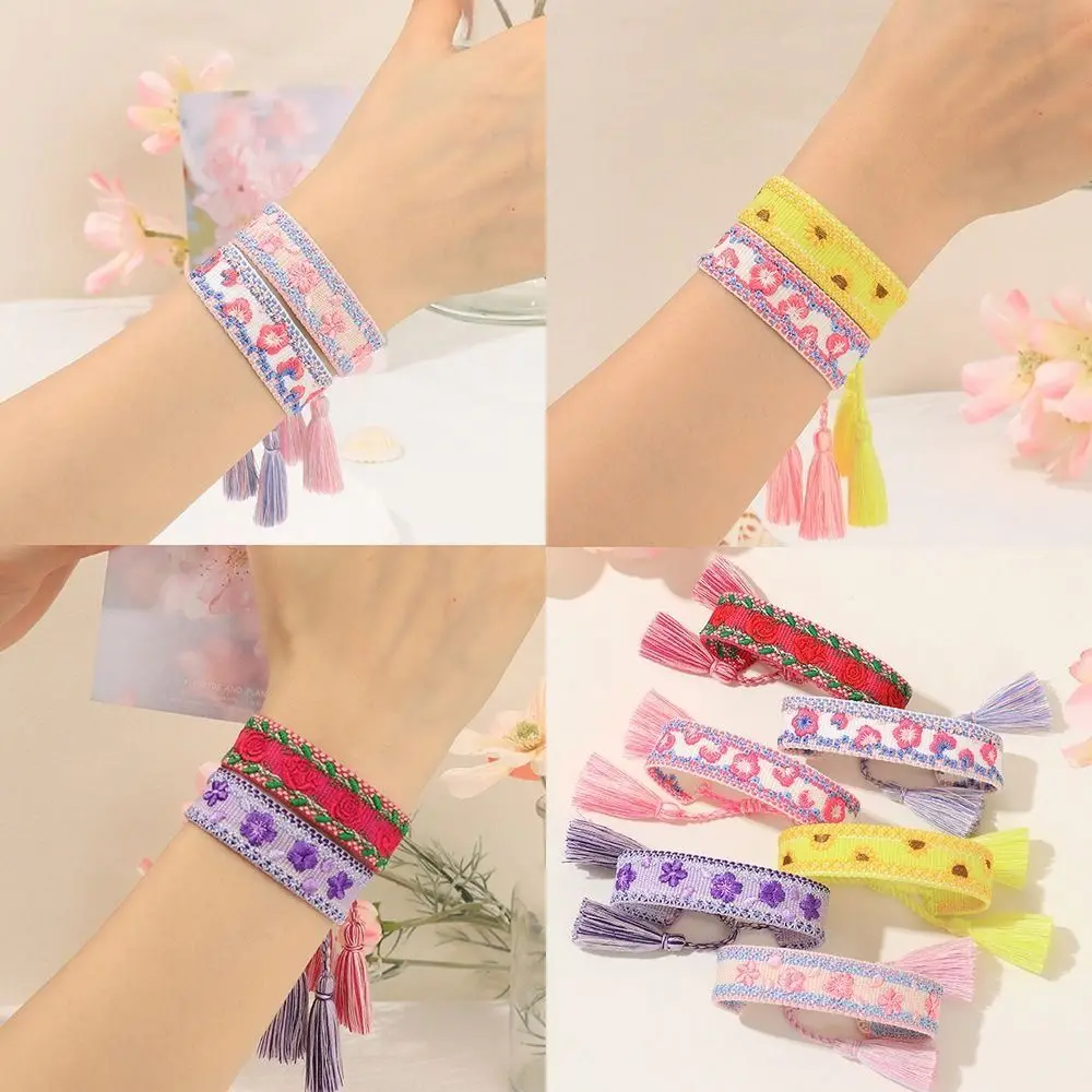 أساور زهرة ملونة مطرزة حبل قابل للتعديل أساور منسوجة فريدة ومحظوظة قابلة للتكديس بشرابة