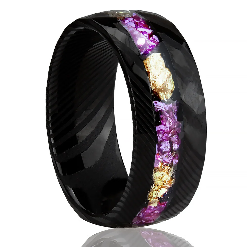 

New Arrival Black Damascus Ring Inlay Amethyst and Gold Leaf Mens Black Star Sapphire Ring 8mm Fashion Gift for a Man
