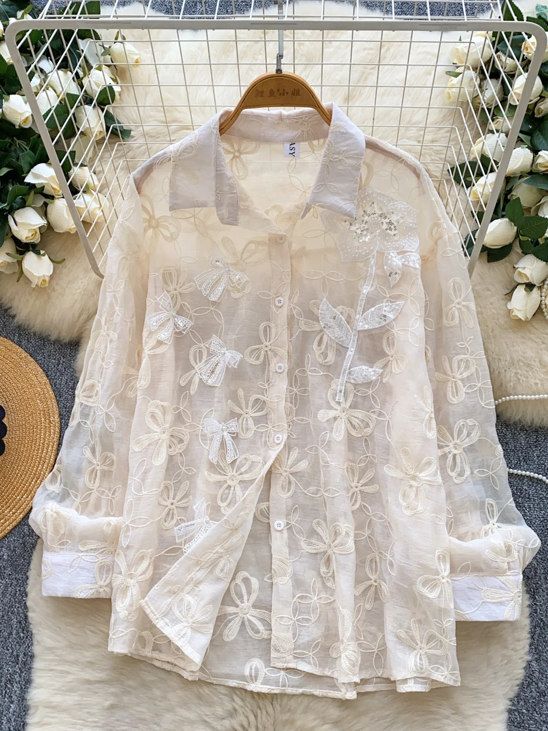 เสื้อเบลาส์แขนยาวผ้าตาข่ายปักลูกปัดหวานๆ สำหรับฤดูใบไม้ร่วงปี 2025 ทรงหลวม กระดุมแถวเดียว เสื้อเชิ้ตผู้หญิง คามิซา เฟมินีนา