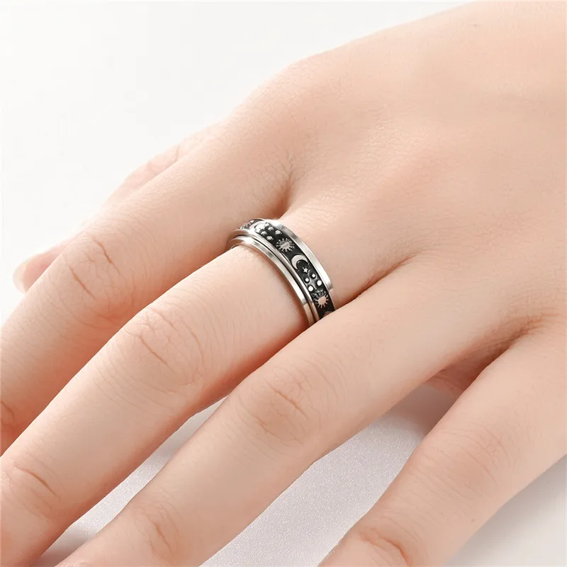 Anti Stress Anxiety Fidget Sun Star Patern Ring Rotating Freely Spinning Joint Jewelry Girls Boho Rings Gifts Accessories
