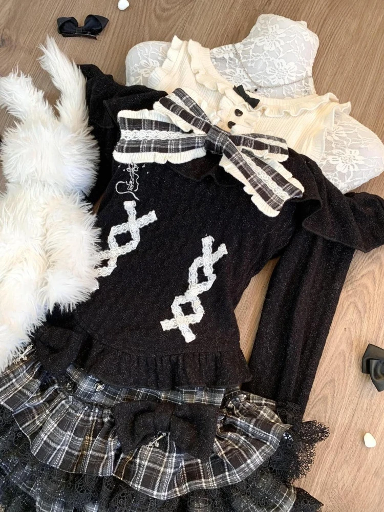 New Winter Japanese Subculture Sweet 2 Piece Set Women Cute Bow Y2k Long Sleeve Tops + Cake Skirts Harajuku Casual 2000s Outfits image 4