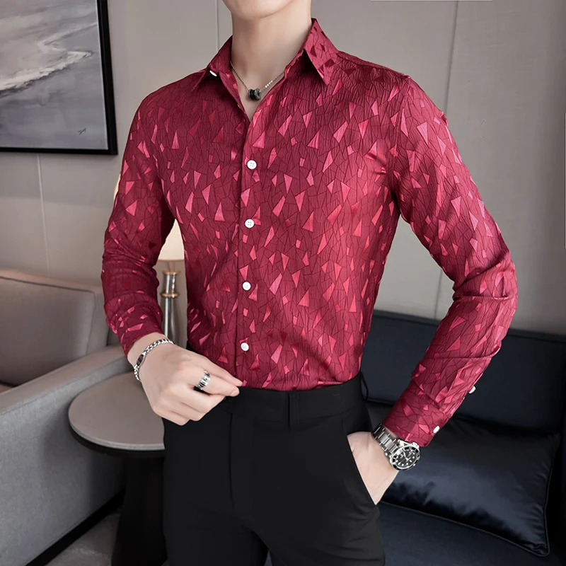 Autumn Geometric Embossed Long Sleeved Men Dress Shirt Fashion Button Down Lapel Business Formal Male Shirts Tops Plus Size 4XL