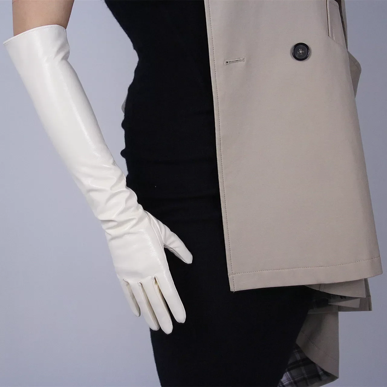 

Beige GLOVES Shiny Latex Faux Patent Leather Cream Ivory 50cm Over Elbow Fashion Stage Cosplay Costume Evening Party Glove