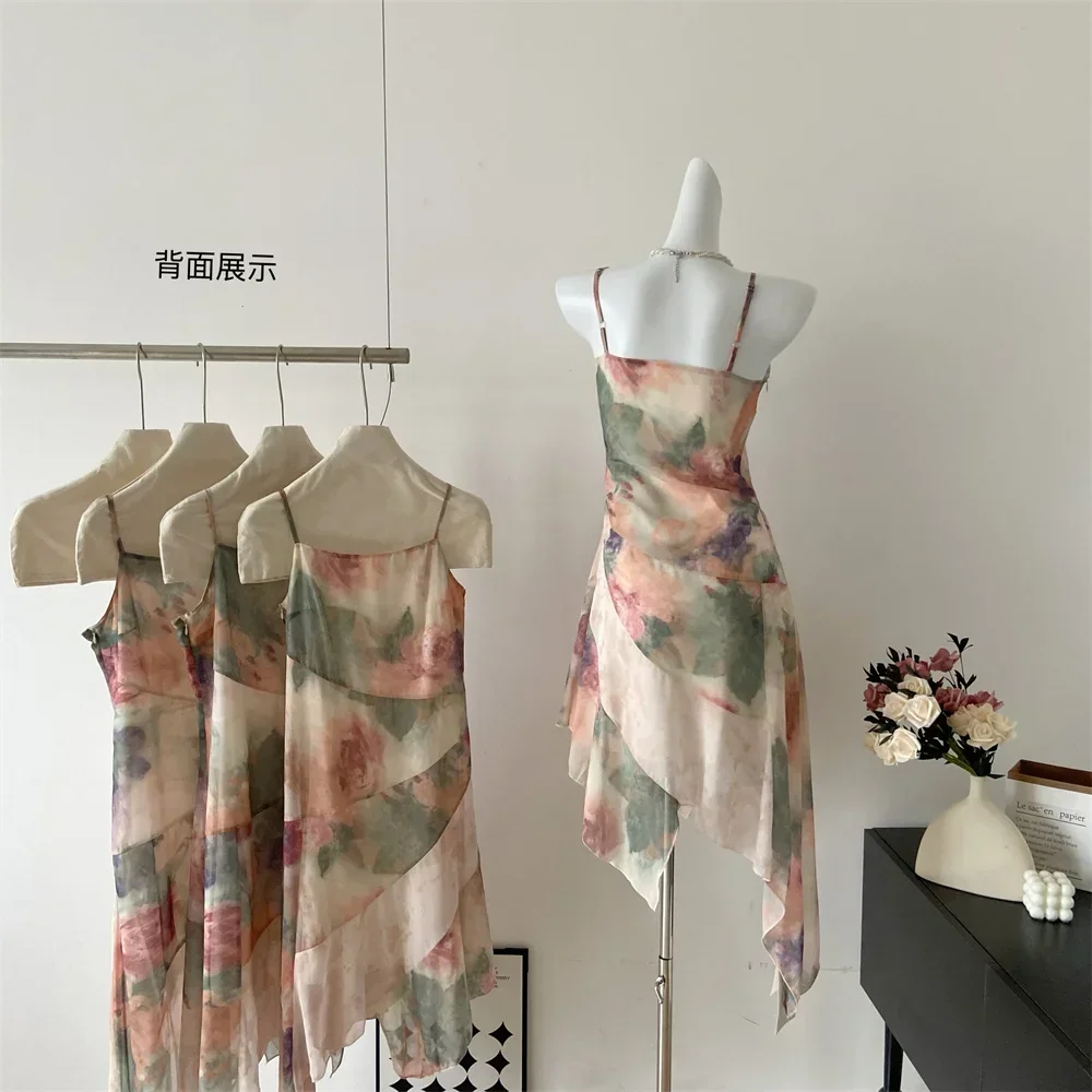 Summer Harajuku Design Spaghetti Strap Dress 2024 New senza maniche elegante abito floreale Sexy abiti da fata asimmetrici donna