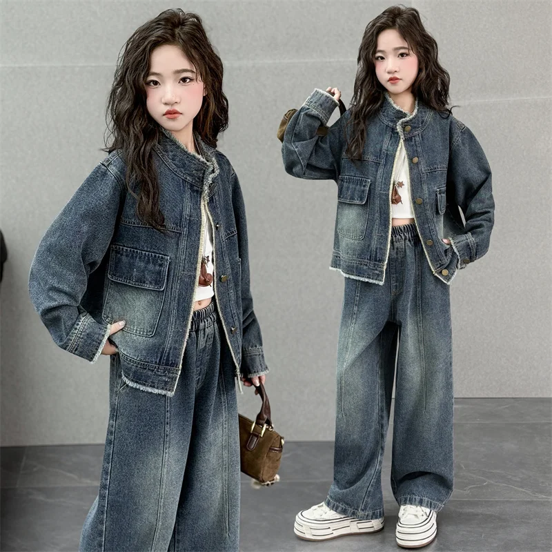 

Girl Clothes Set Size 4-14Y Kid Top+Bottom Clothing Suit Child Autumn Streetwear Denim Sets Toddle Girl Casual Vintage Fashion