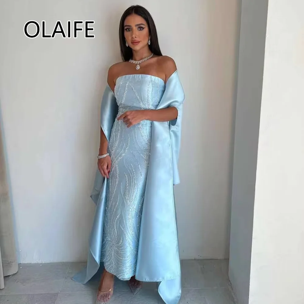 

Gorgeous Saudi Arab Bridesmaid Evening Dres Sheath Satin Ankle-Length Sparkle Sequins Evening Gown with Cape Customized