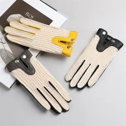 Women's Ladies Fashion Classical Real Leather Retro Harley Motorcycle Unlined Driving Knitted Touch Screen Short Gloves