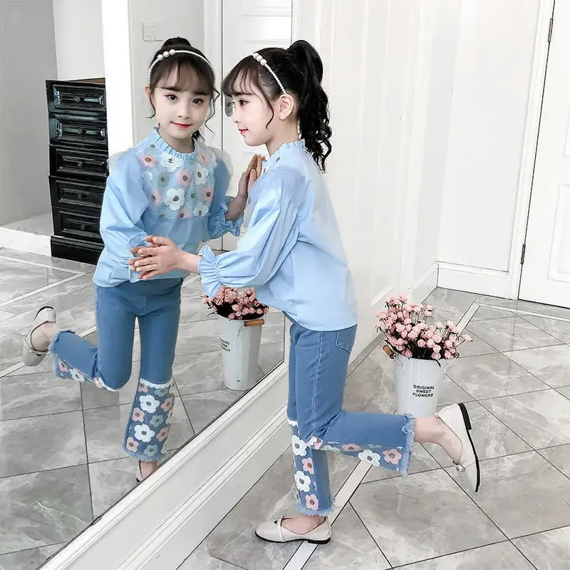 Set di abbigliamento per bambini camicia a maniche lunghe girasole + Jeans 2 pezzi Set di vestiti per ragazze Set da 4 a 13 anni abbigliamento