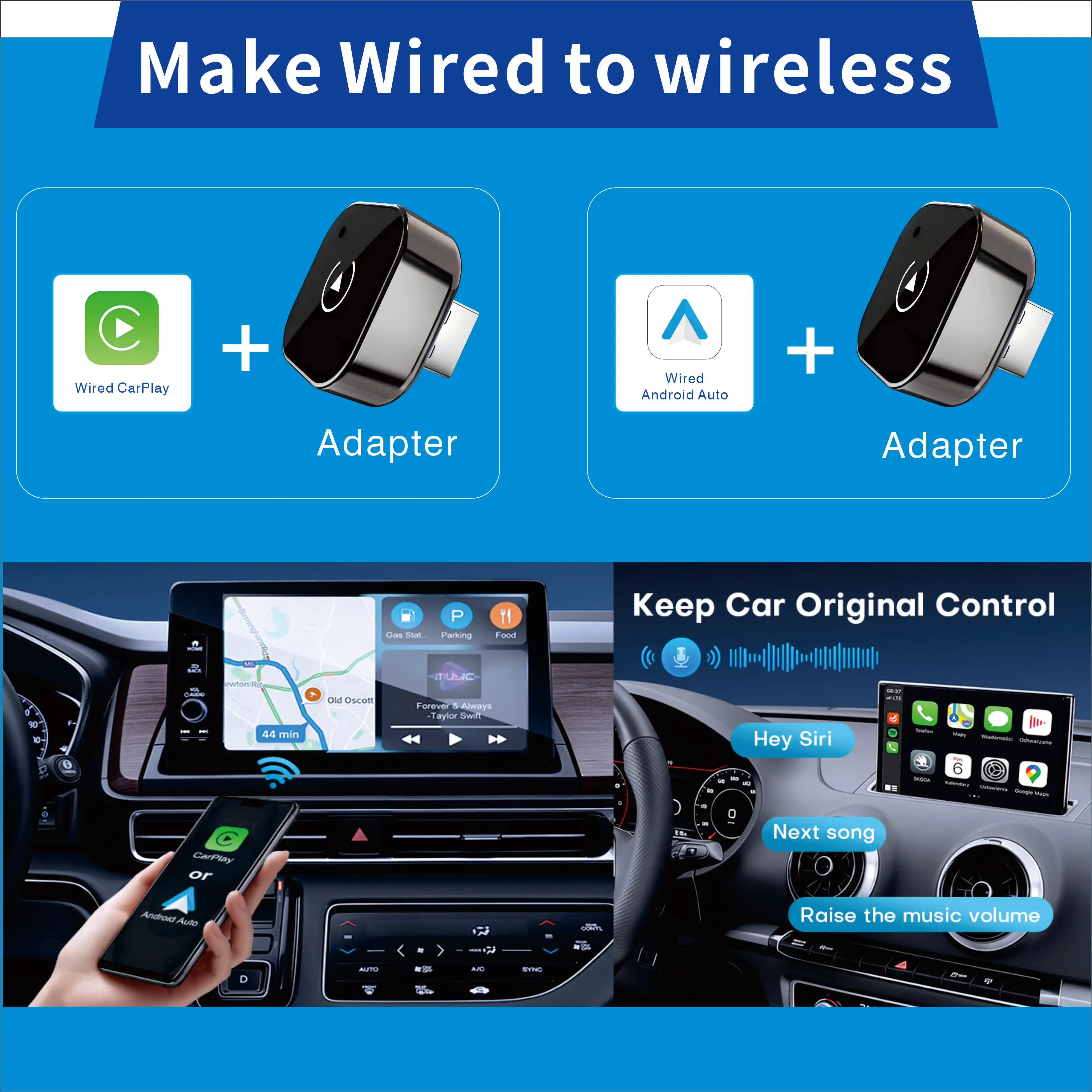 2 IN 1 Wireless Carplay Adapter, Converts Wired to Wireless carplay Adapter for iPhone, Wireless Control Plug & Play Carplay