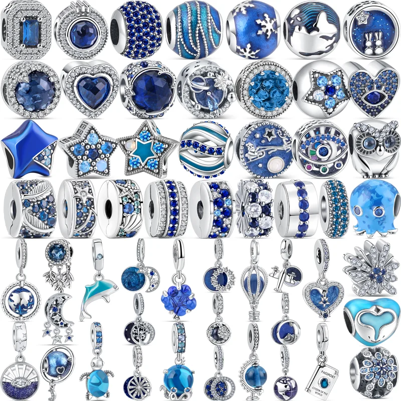 Abalorios azules de Plata de Ley 925, delfín, tortuga, corona, copo de nieve, estrella, Luna, cuentas de plumas, compatibles con Pantaro 925, pulsera Original, joyería