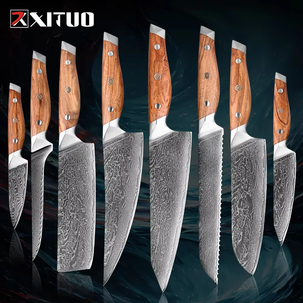 

Damascus Chef Knife Ultra-Smooth Cutting Pro Grade Sharp, Kitchen Knife Set, Chef Knife, Cleaver, Santoku,Bread, Boning, & More