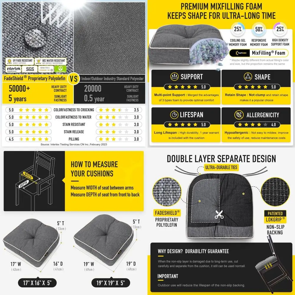 

Memory Foam Chair Cushions for Tailbone Pain Relief, Stain Resistant Seat Pads, Set of 4, 17x16, Heather Charcoal