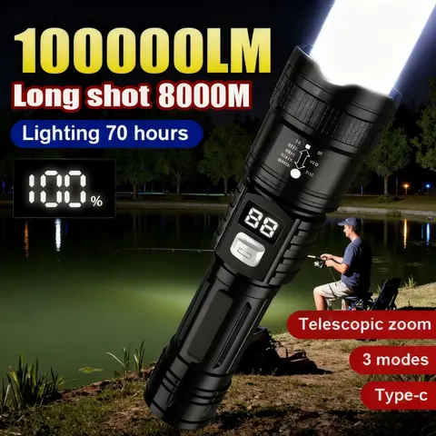 Lampe torche LED rechargeable super lumineuse 100000LM, lampe tactique longue portée, étanche, pour le camping, la pêche, l'extérieur