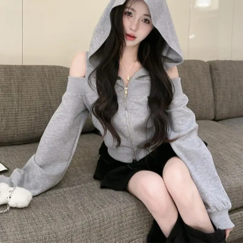 American Y2K Fashion Women's Off Shoulder Jacket Autumn New Style Girls' Hoodie Comfortable and Versatile Youth Tops Trendy