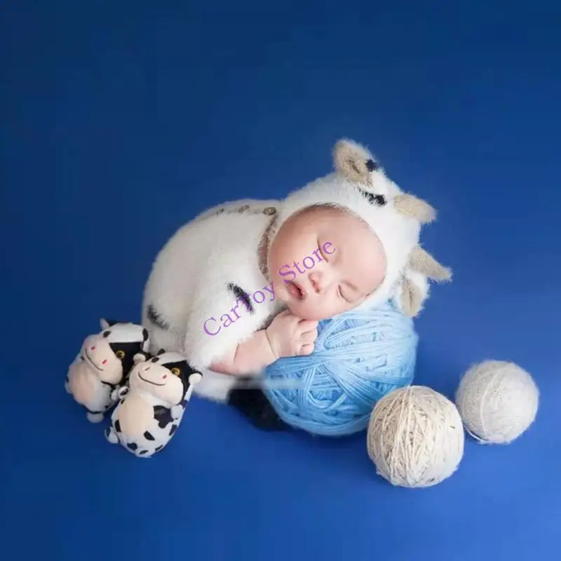 634F 3 PCS Baby Breien Cow Hat Dier voor Doll Romper Set Handgemaakte Haak Mohair Bodysuit Pasgeboren fotografie
