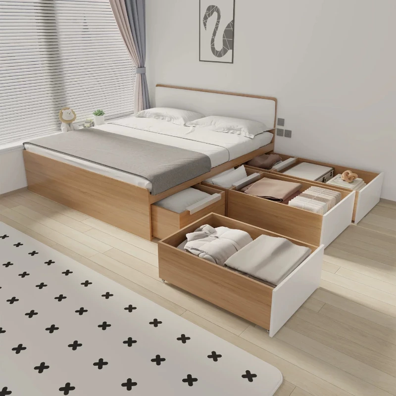 Large drawer bed Small apartment full pull-out bed box Solid wood row skeleton planking High box Tatami soft bag bed