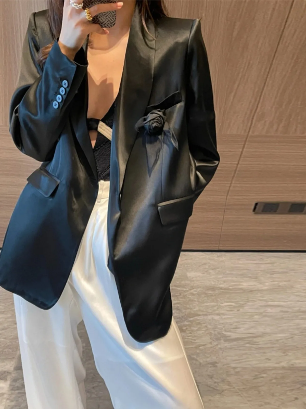 

Elegant Black Satin Women's Suit Jacket Casual Commute Style Long Sleeve Button up Professional Fashionable Office Wear
