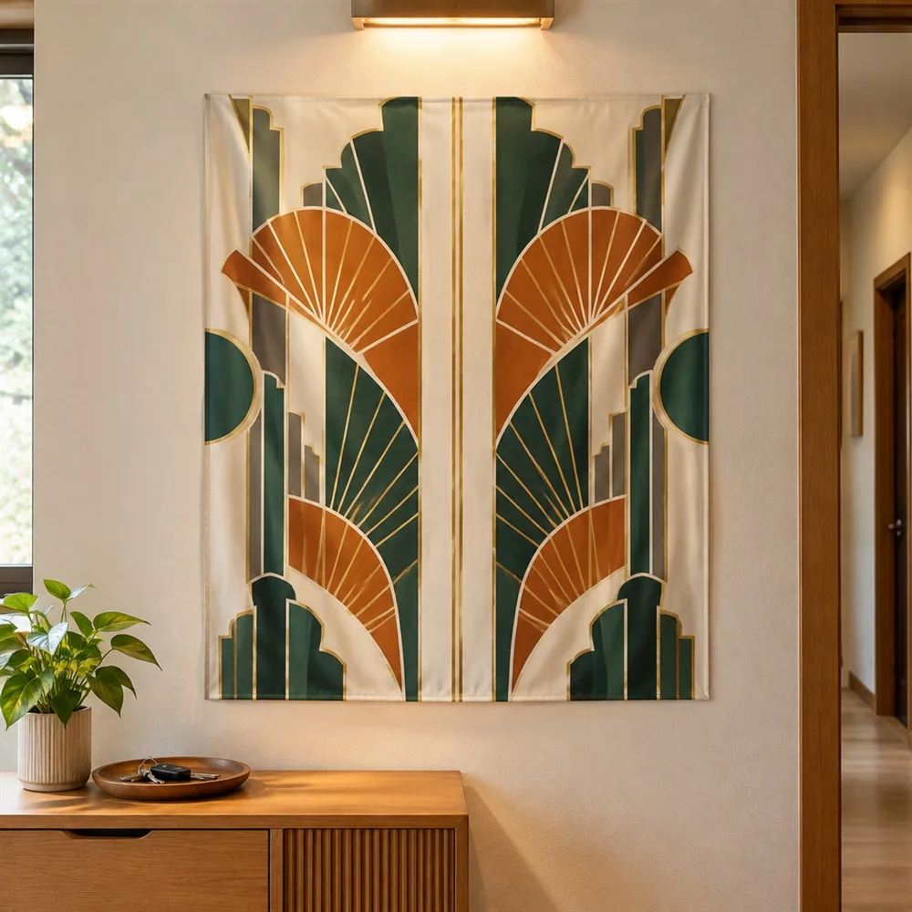 VIKAMA Art Deco Geometric Tapestry Wall Hanging, Gatsby Fan Pattern Wall Art Decor for Living Room Bedroom Office Entryway