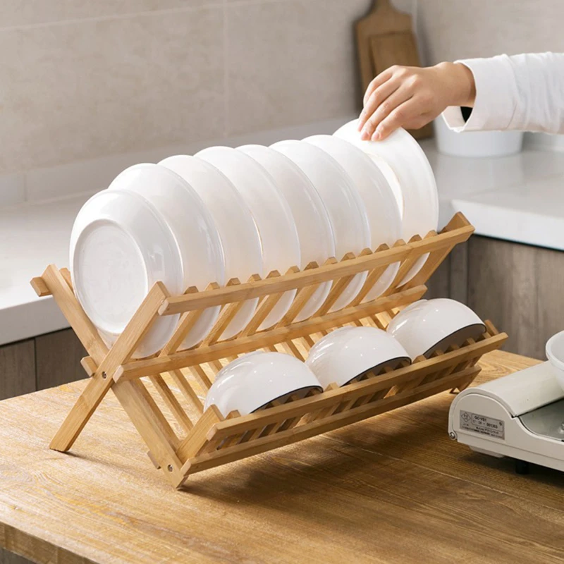 Drainer Folding Dish Drying Rack Easy Clean Durable Practical Plate Home Kitchen 2 Tier Gifts Retro Natural Bamboo Restaurant