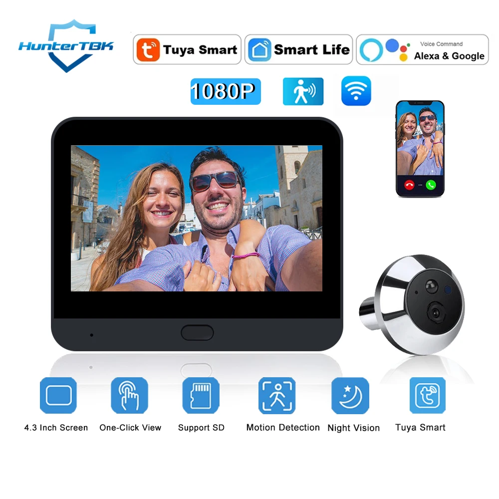 4.3 Inch Smart Life WiFi Doorbell Camera Digital Door Viewer Video Peephole Camera Home Door Camera Working with Alexa Google