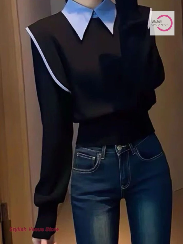 الكورية فريدة من نوعها وأنيقة وهمية قطعتين من سترة سوداء الإناث مزاجه الشتاء المشاهير الراقية سترة الخصر المألوف