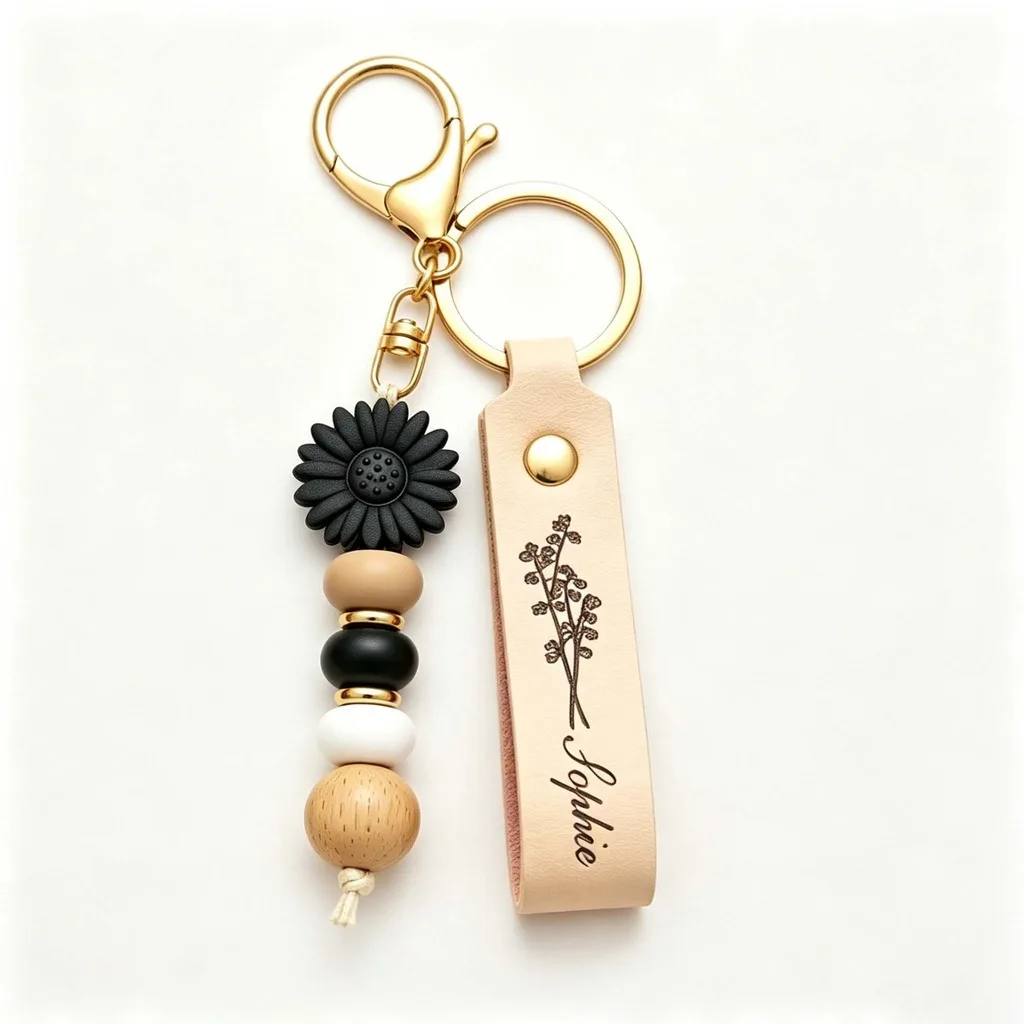 Silicone Bead Keychain Laser Engraved Bag Charm Keychain Wood Bead Keychain Mixed Material Leather Key Chain For Backpacks Car