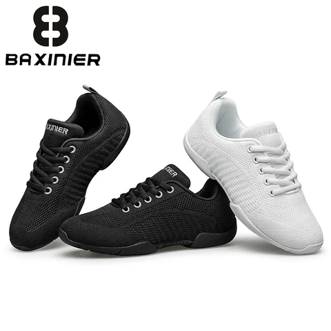 BAXINIER Girls Cheerleading Shoes White Black Breathable Knit Athletic Training Sneakers Youth Kids Cheer Shoes Non-Slip Rubber Sole for School Practice and Competition