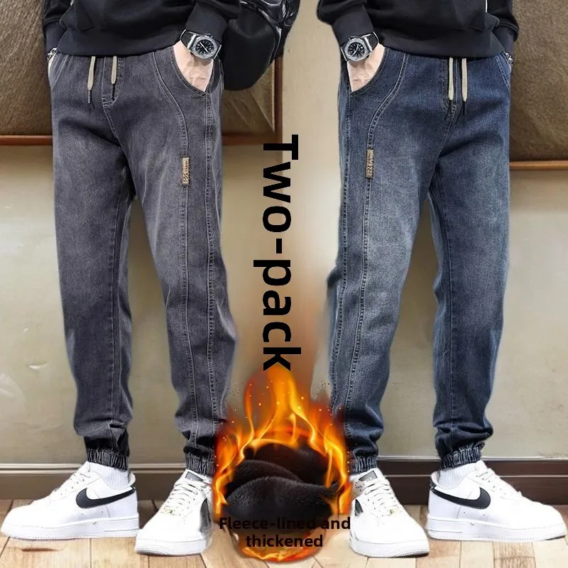 

Мужские джинсы с флисовой подкладкой, зауженные, повседневные, теплые, осенне-зимние, прямого кроя, с эластичными манжетами, от другого бренда
