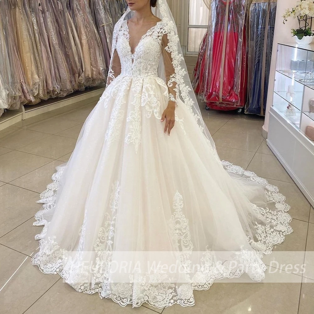 Vestido de fiesta de princesa para novia, vestido de novia de manga larga con cuello en V, talla grande, de encaje, con cuentas