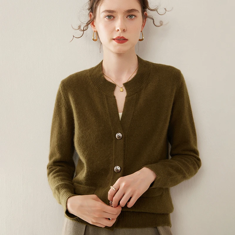 

2025 Open Collar Casual Fashion Cardigan Women's 100% Cashmere Sweet Daily Long Sleeve Sweater Autumn Winter Soft Warm Knit Coat