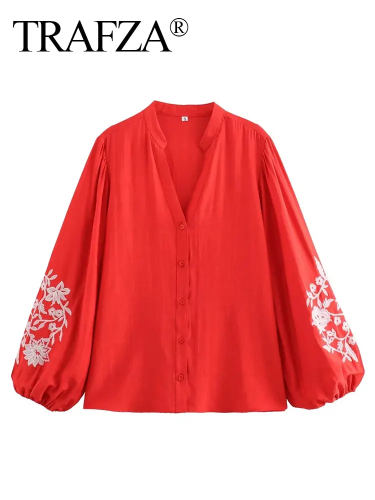 TRAFZA Women Fashion Floral Embroidered Blouse Loose Casual V Neck Long Sleeve Shirt 2024 Female Streetwear Red Shirts Top TRAF